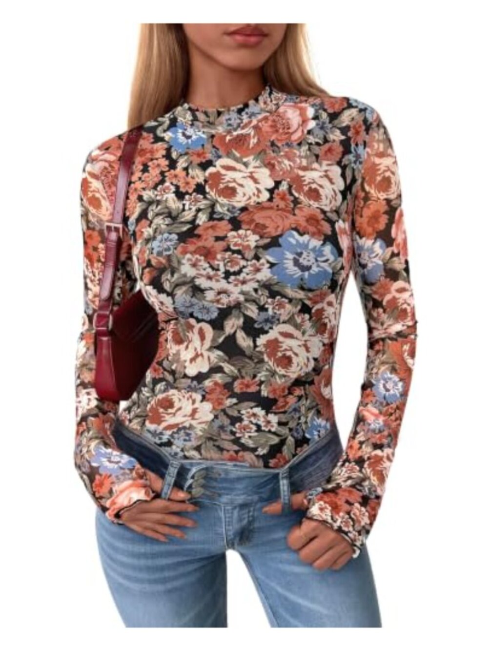 Womens Mesh Floral Blouse Long Sleeve Slim Fitted Mock Neck Top